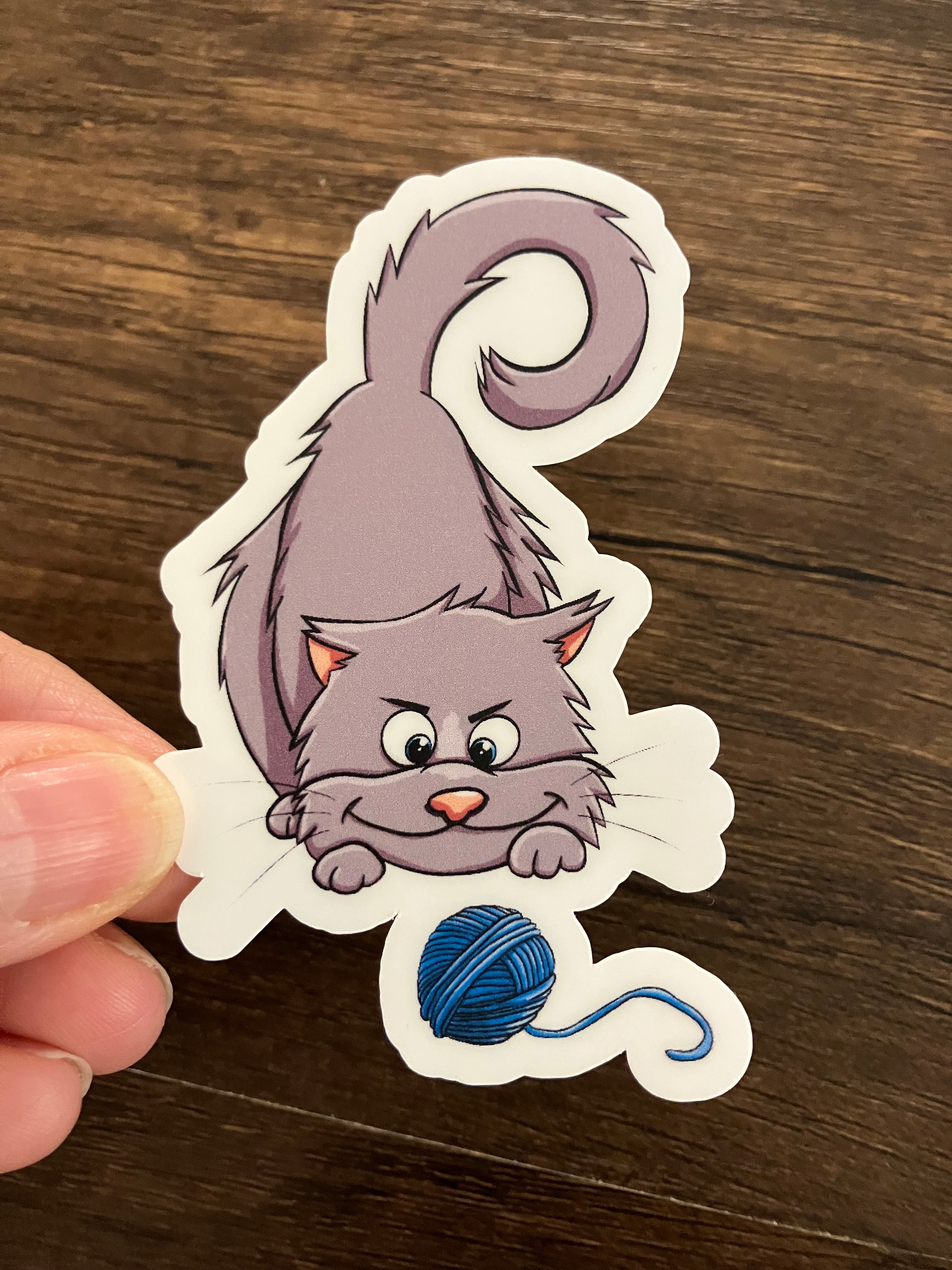 Grey Cat yarn pounce 3" sticker