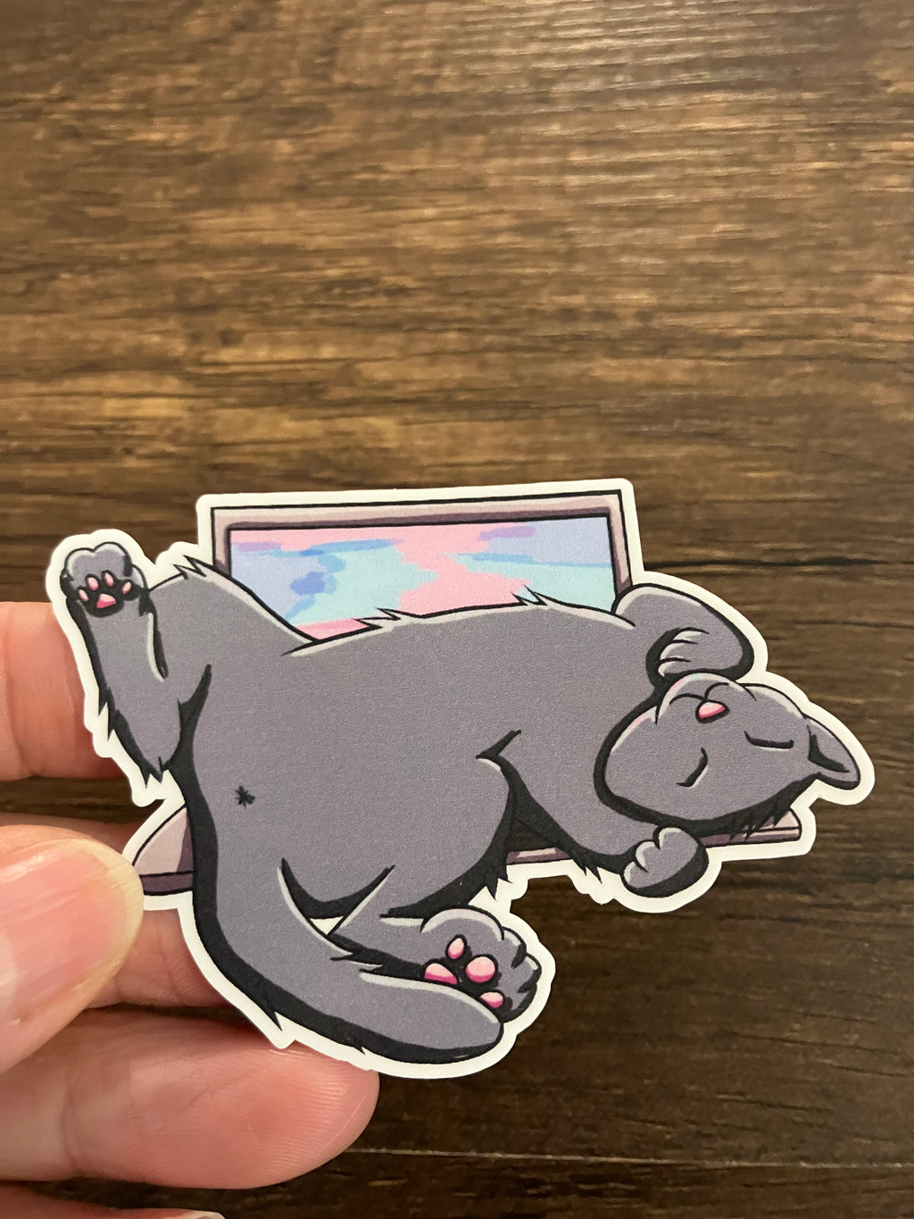 Grey cat on laptop 3" sticker
