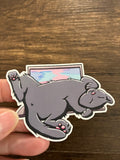 Grey cat on laptop 3" sticker