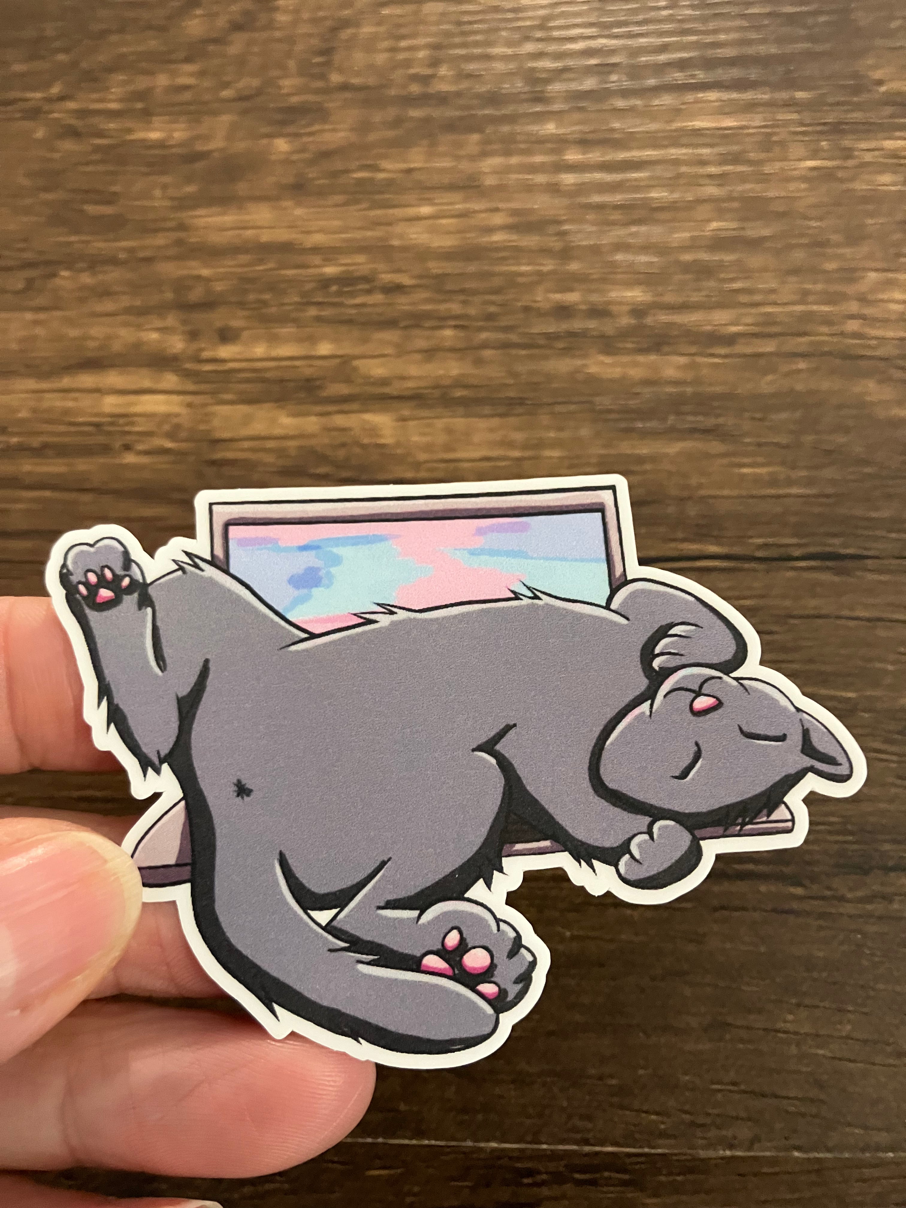 Grey cat on laptop 3" sticker